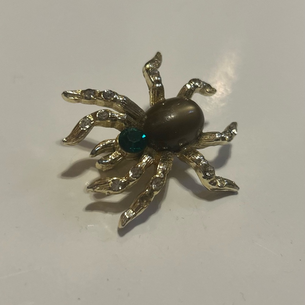 Vintage 60s Spider Brooch with Crystals and Green Accent Gem